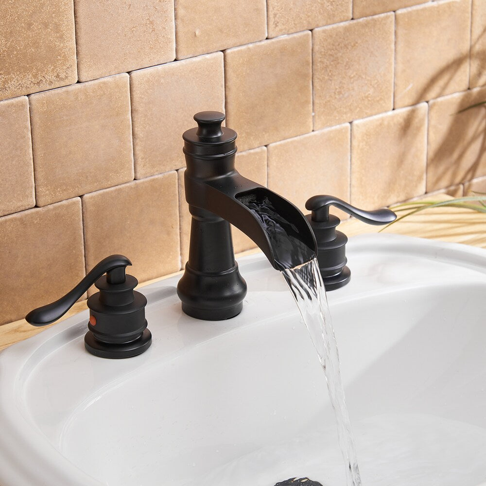 Celestial Matte Black 8 inch Waterfall 2-Handle Bathroom Faucet With Pop-up Drain