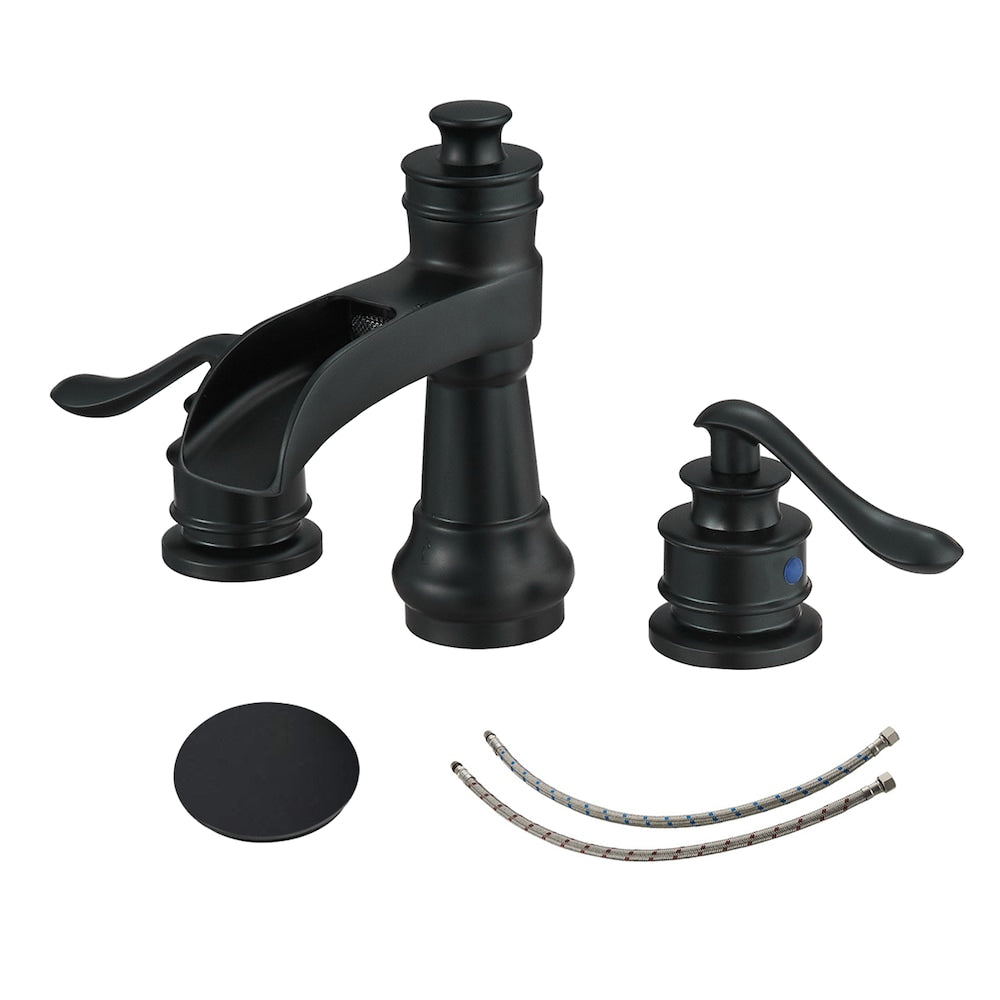 Celestial Matte Black 8 inch Waterfall 2-Handle Bathroom Faucet With Pop-up Drain