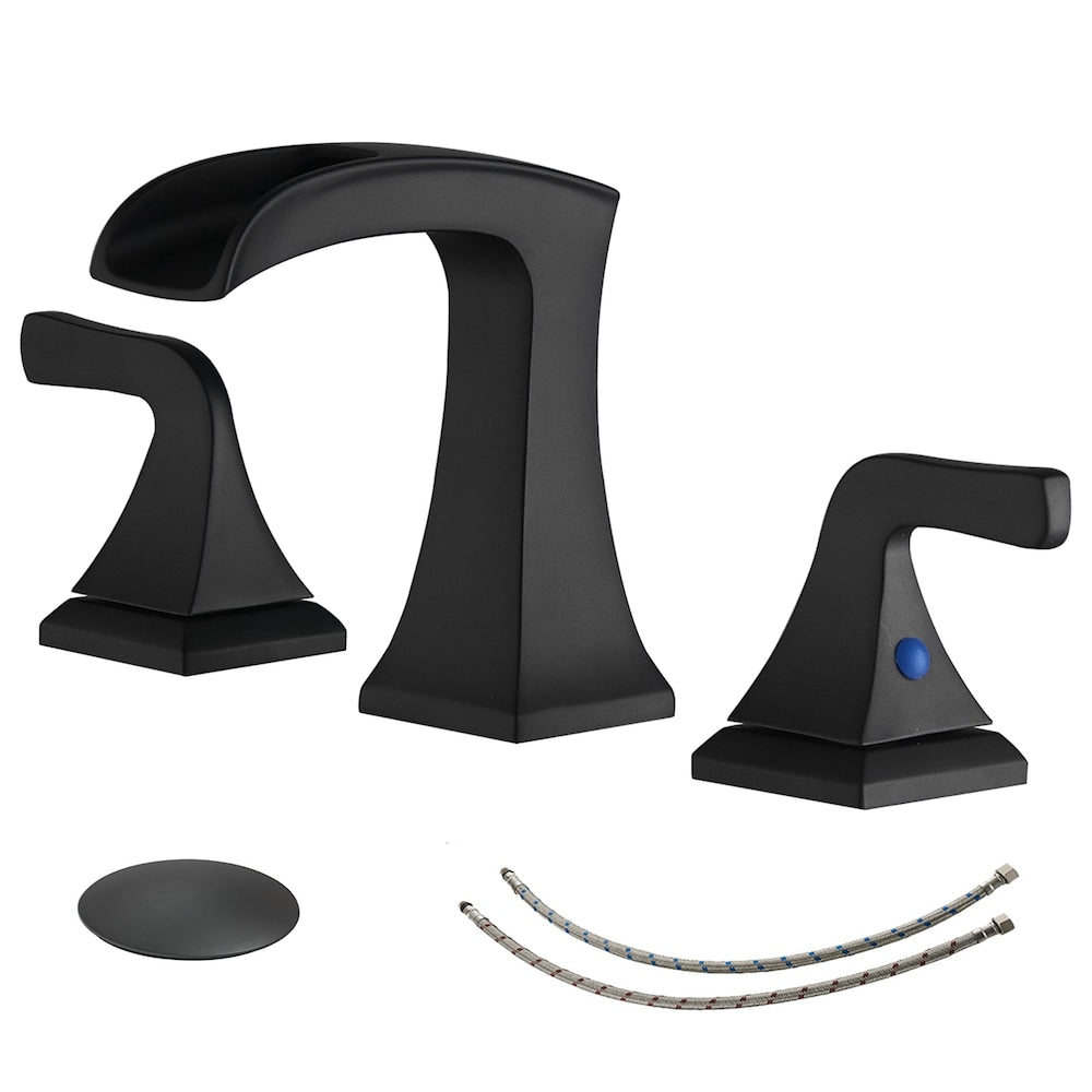 Prism Matte Black 8 inch Widespread 2-Handle Waterfall Bathroom Sink Faucet With Pop-up Drain
