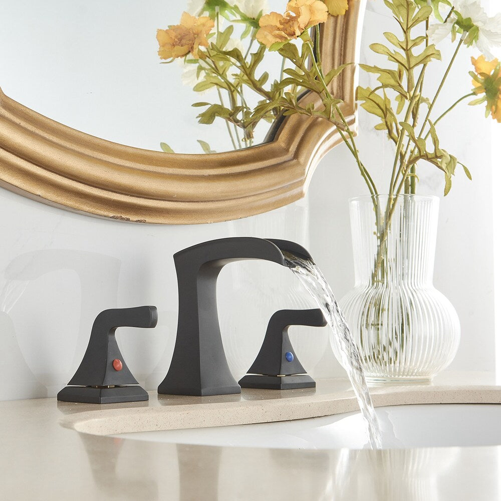 Prism Matte Black 8 inch Widespread 2-Handle Waterfall Bathroom Sink Faucet With Pop-up Drain