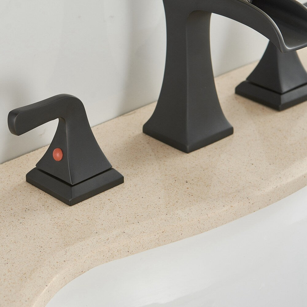 Prism Matte Black 8 inch Widespread 2-Handle Waterfall Bathroom Sink Faucet With Pop-up Drain