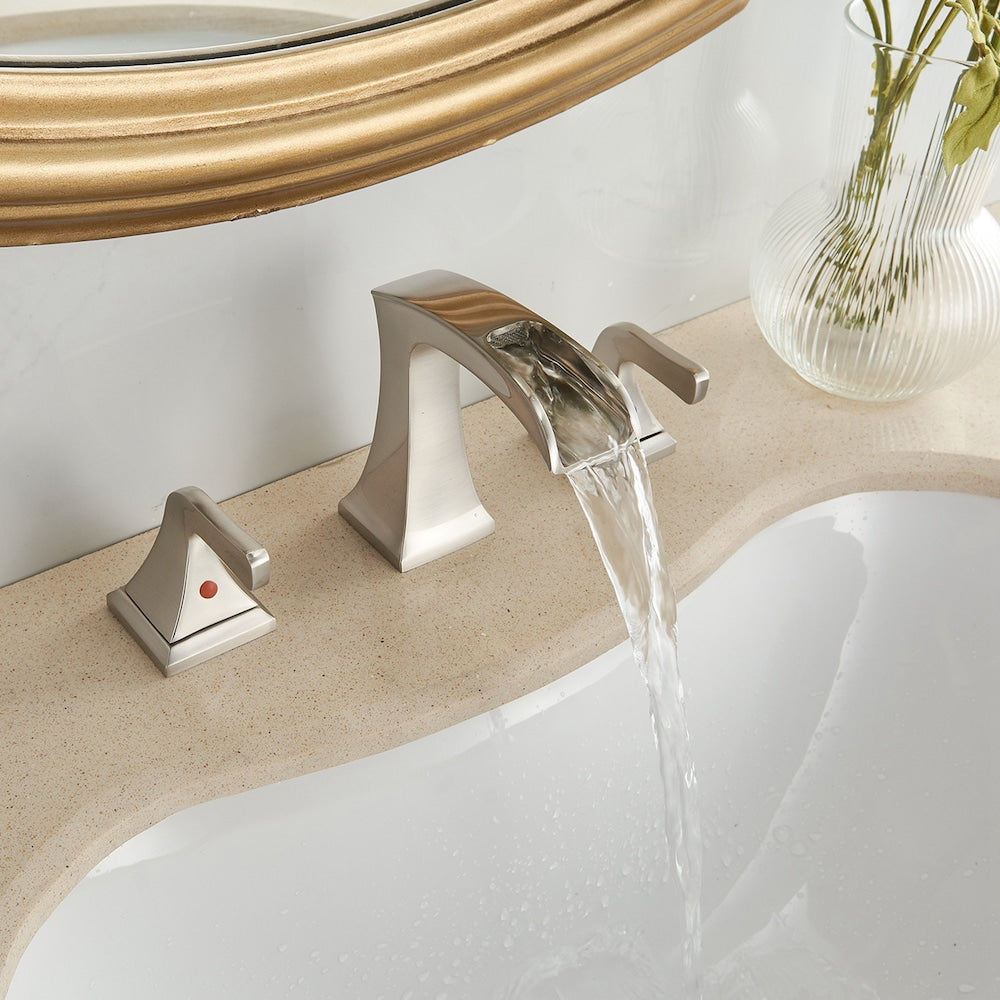 Prism Brushed Nickel 8 inch Widespread 2-Handle Waterfall Bathroom Sink Faucet With Pop-up Drain