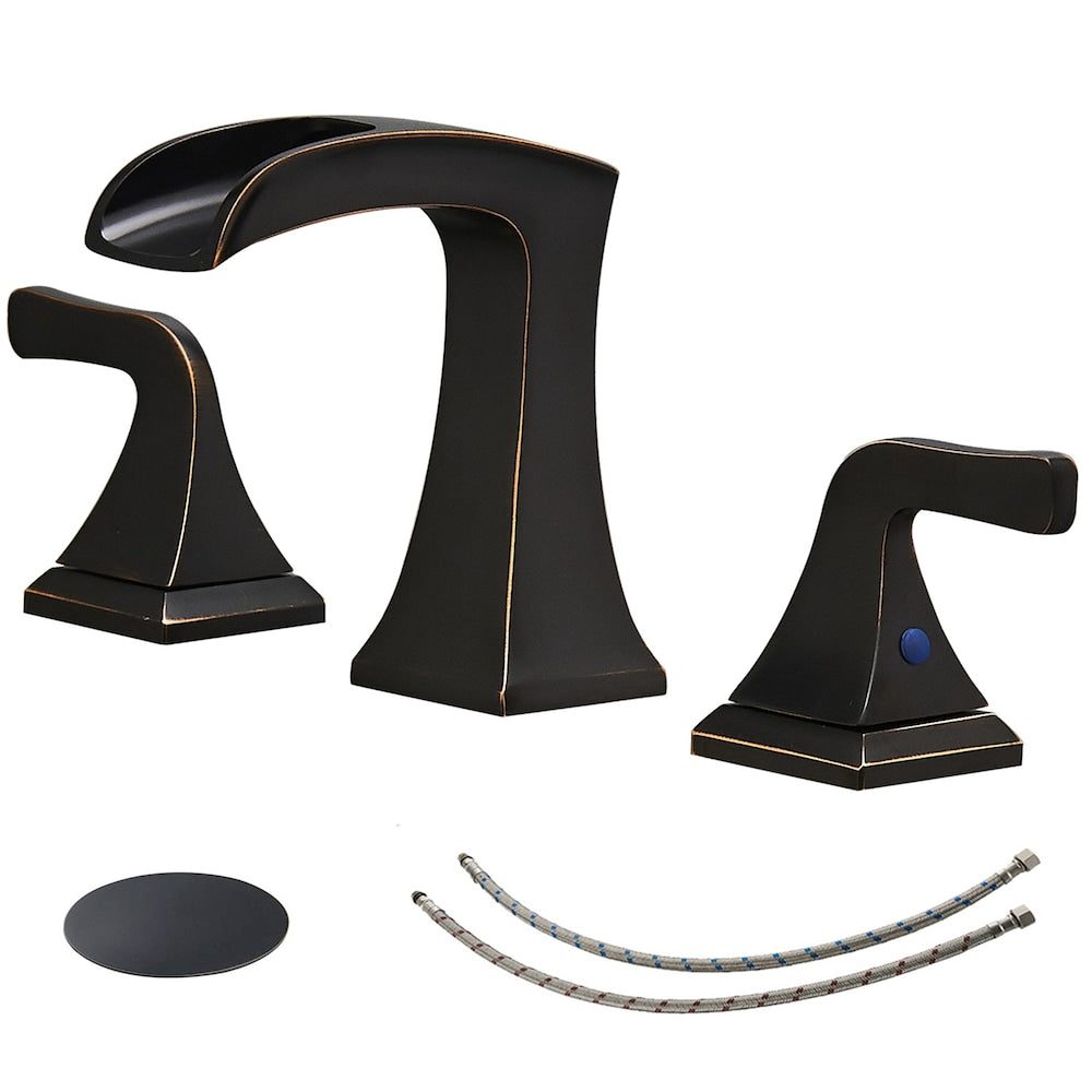Prism Oil Rubbed Bronze 8 inch Widespread 2-Handle Waterfall Bathroom Sink Faucet With Pop-up Drain