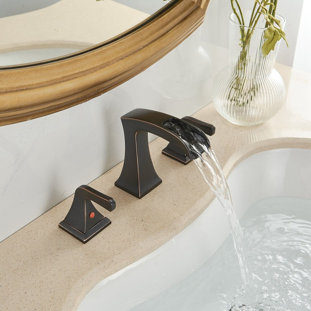Prism Oil Rubbed Bronze 8 inch Widespread 2-Handle Waterfall Bathroom Sink Faucet With Pop-up Drain