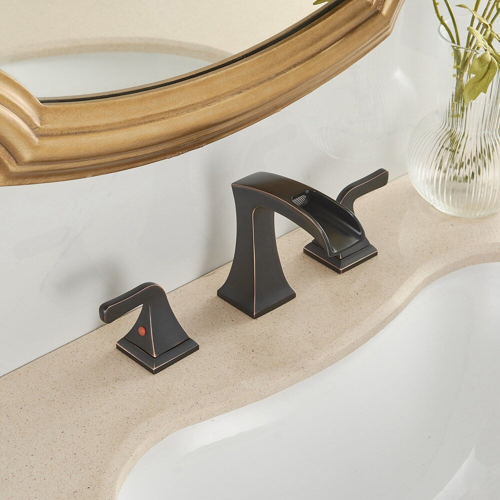 Prism Oil Rubbed Bronze 8 inch Widespread 2-Handle Waterfall Bathroom Sink Faucet With Pop-up Drain