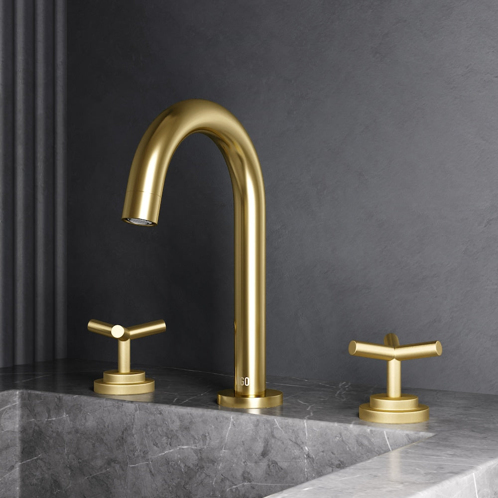 Robinet de salle de bain Jewel 9 po H à 2 poignées à arc élevé et à larges poignées en croix en or brossé mat