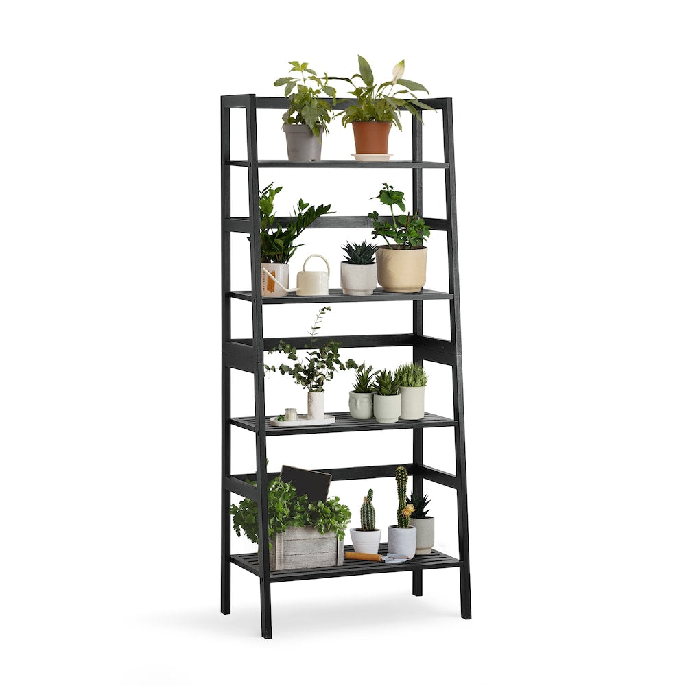 4-Tier Bamboo Ladder Shelf, Multifunctional Storage Rack Stand in Black Color