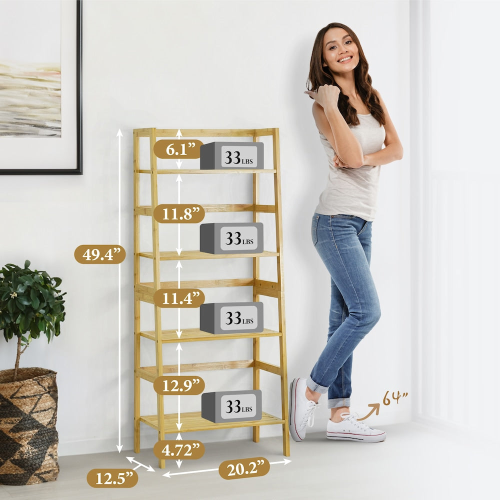 4-Tier Bamboo Ladder Shelf, Multifunctional Storage Rack Stand in Natural Color