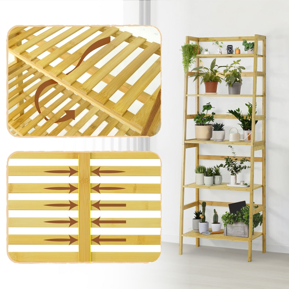 4-Tier Bamboo Ladder Shelf, Multifunctional Storage Rack Stand in Natural Color