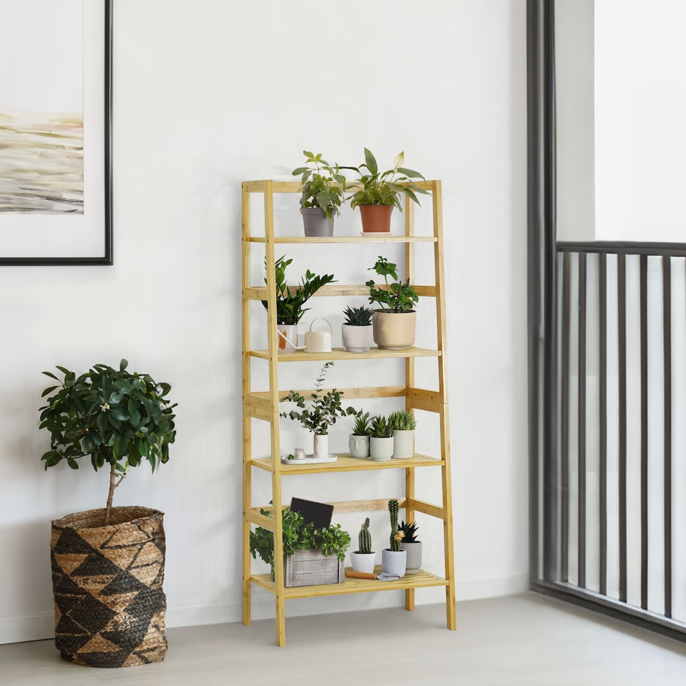 4-Tier Bamboo Ladder Shelf, Multifunctional Storage Rack Stand in Natural Color