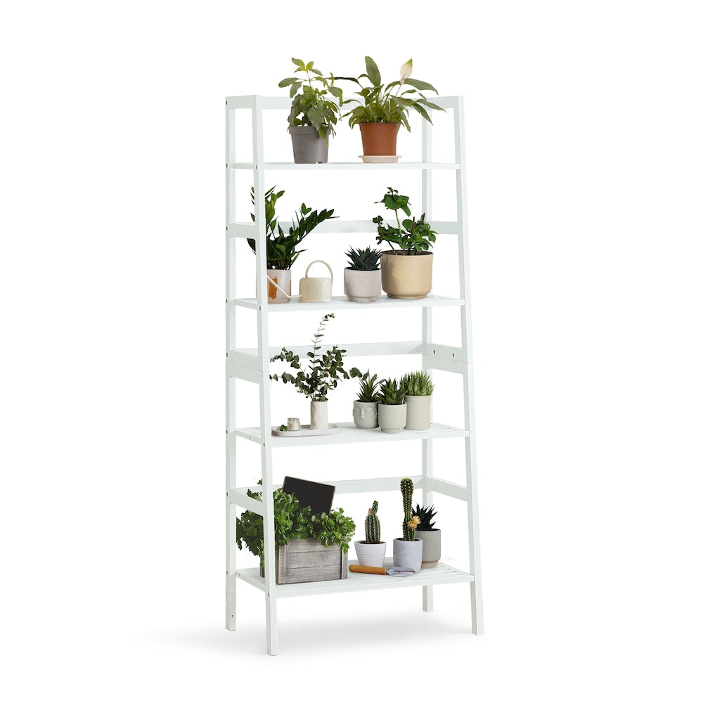 Étagère à échelle en bambou à 4 niveaux, support de rangement multifonctionnel de couleur blanche