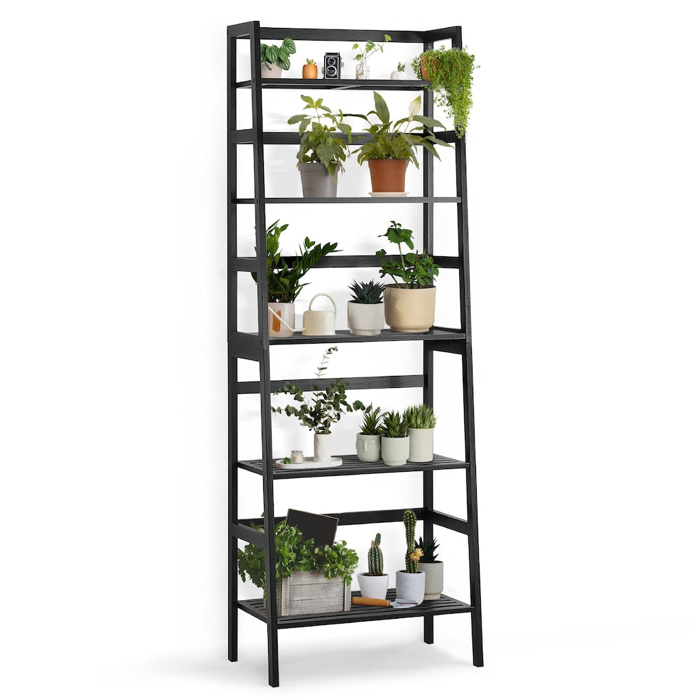5-Tier Bamboo Ladder Shelf, Multifunctional Storage Rack Stand in Black Color