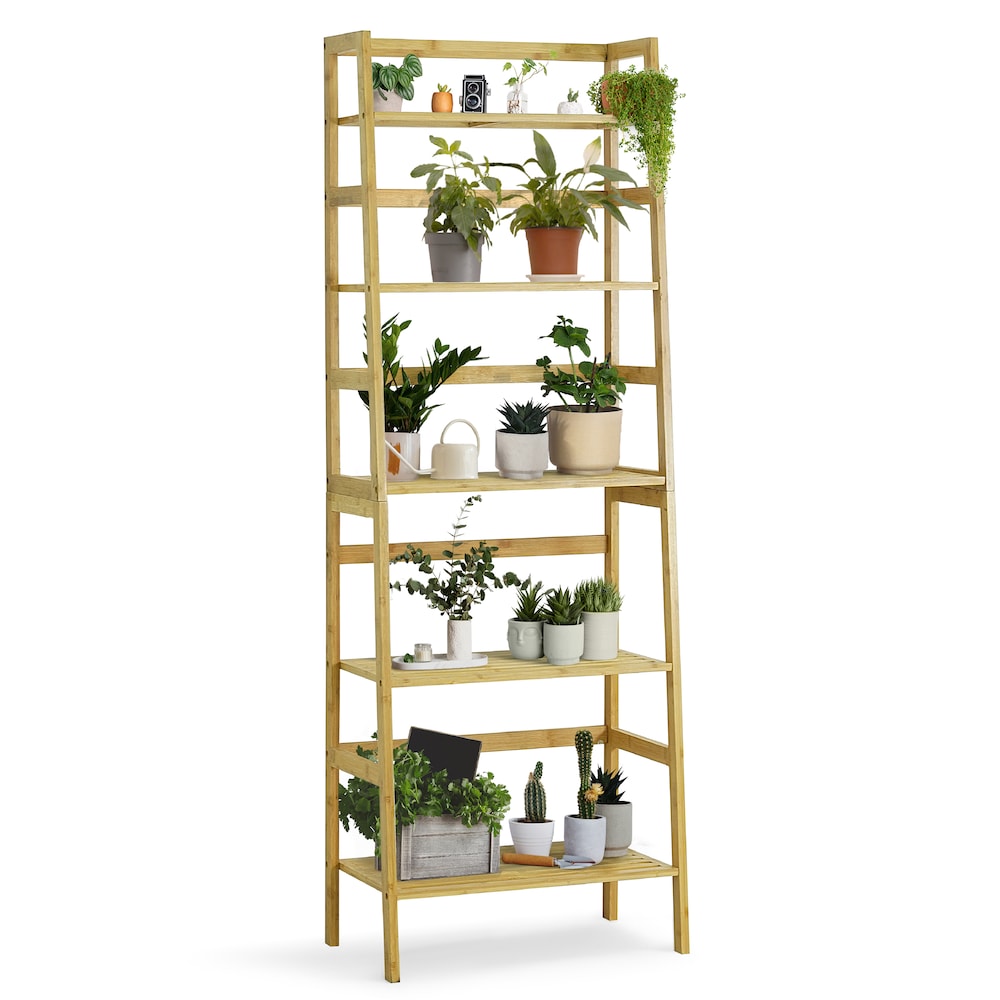 5-Tier Bamboo Ladder Shelf, Multifunctional Storage Rack Stand in Natural Color