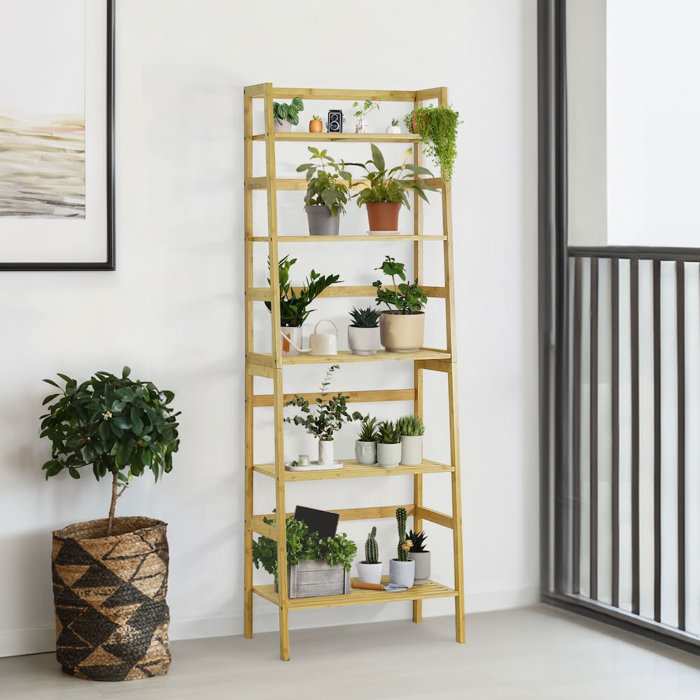 Étagère à échelle en bambou à 5 niveaux, support de rangement multifonctionnel de couleur naturelle