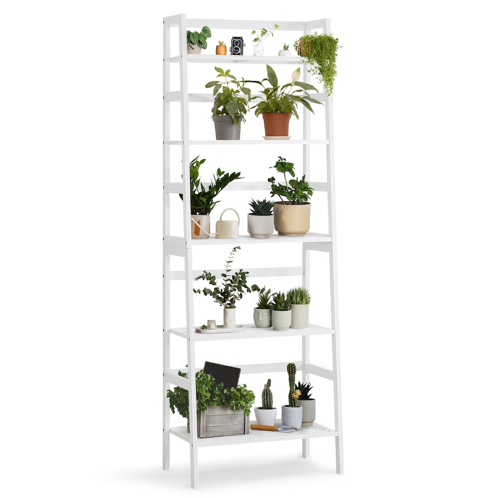 Étagère à échelle en bambou à 5 niveaux, support de rangement multifonctionnel de couleur blanche