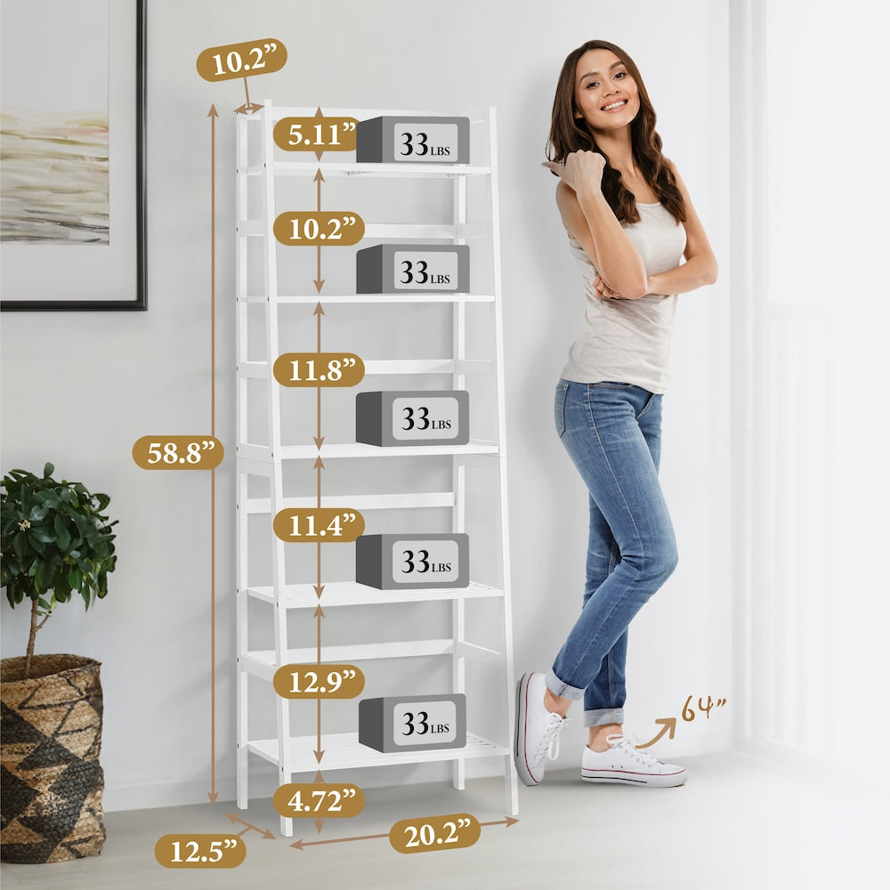 Étagère à échelle en bambou à 5 niveaux, support de rangement multifonctionnel de couleur blanche