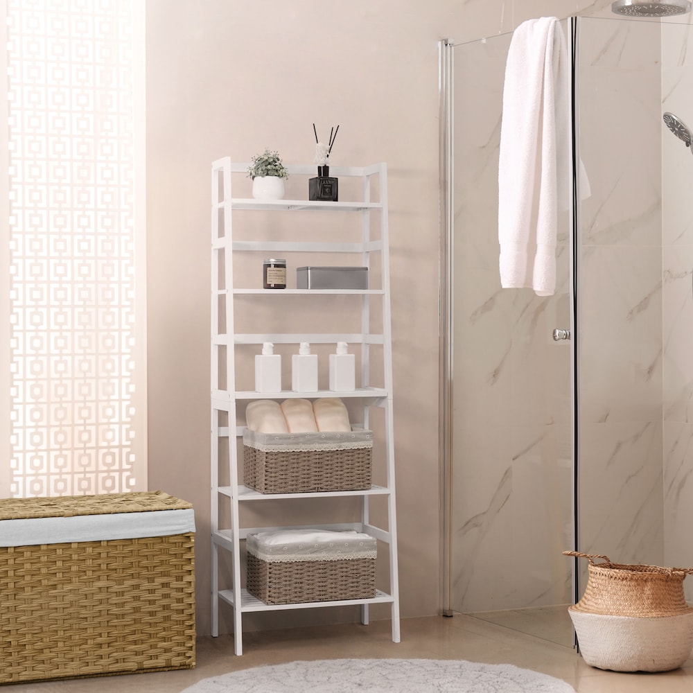 Étagère à échelle en bambou à 5 niveaux, support de rangement multifonctionnel de couleur blanche