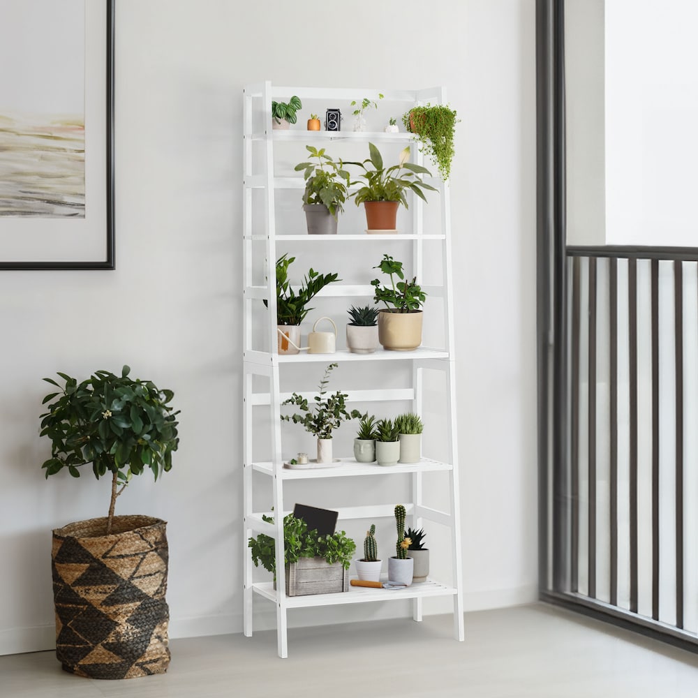 Étagère à échelle en bambou à 5 niveaux, support de rangement multifonctionnel de couleur blanche