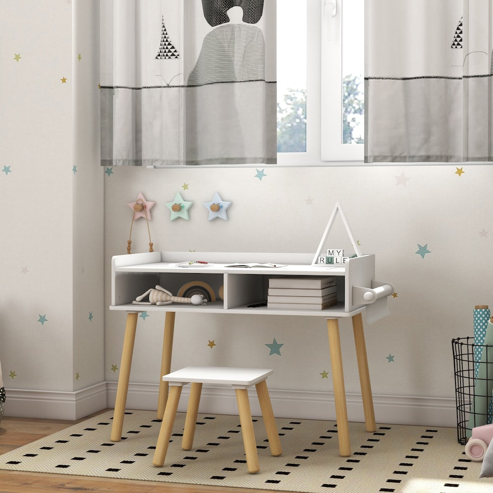 Kids Table and Chair Set, Toddler Activity Table with Building Blocks Board, Paper Roll, Storage