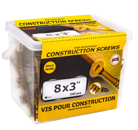 Paulin #8 x 3-inch Flat Head Square Drive Construction Screws in Yellow Zinc - 250pcs