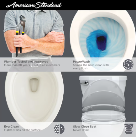 Toilettes allongées dissimulées à chasse unique de 4,8 L à hauteur idéale, 2 pièces, de style American Standard Décor, en blanc 