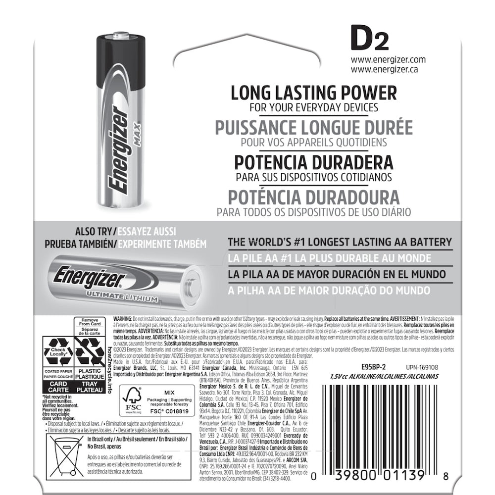 Piles Energizer MAX D (lot de 2), piles alcalines D