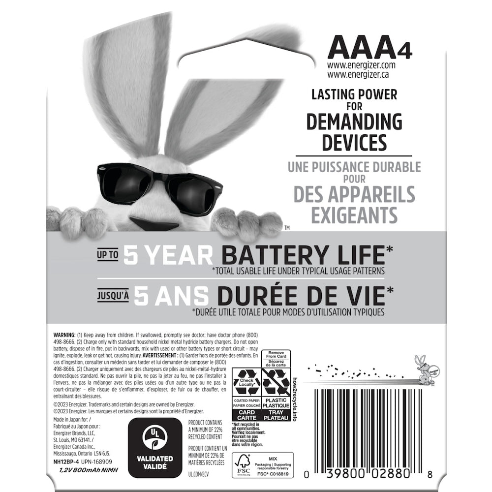 Piles AAA rechargeables Energizer Power Plus (lot de 4), piles AAA 800 mAh