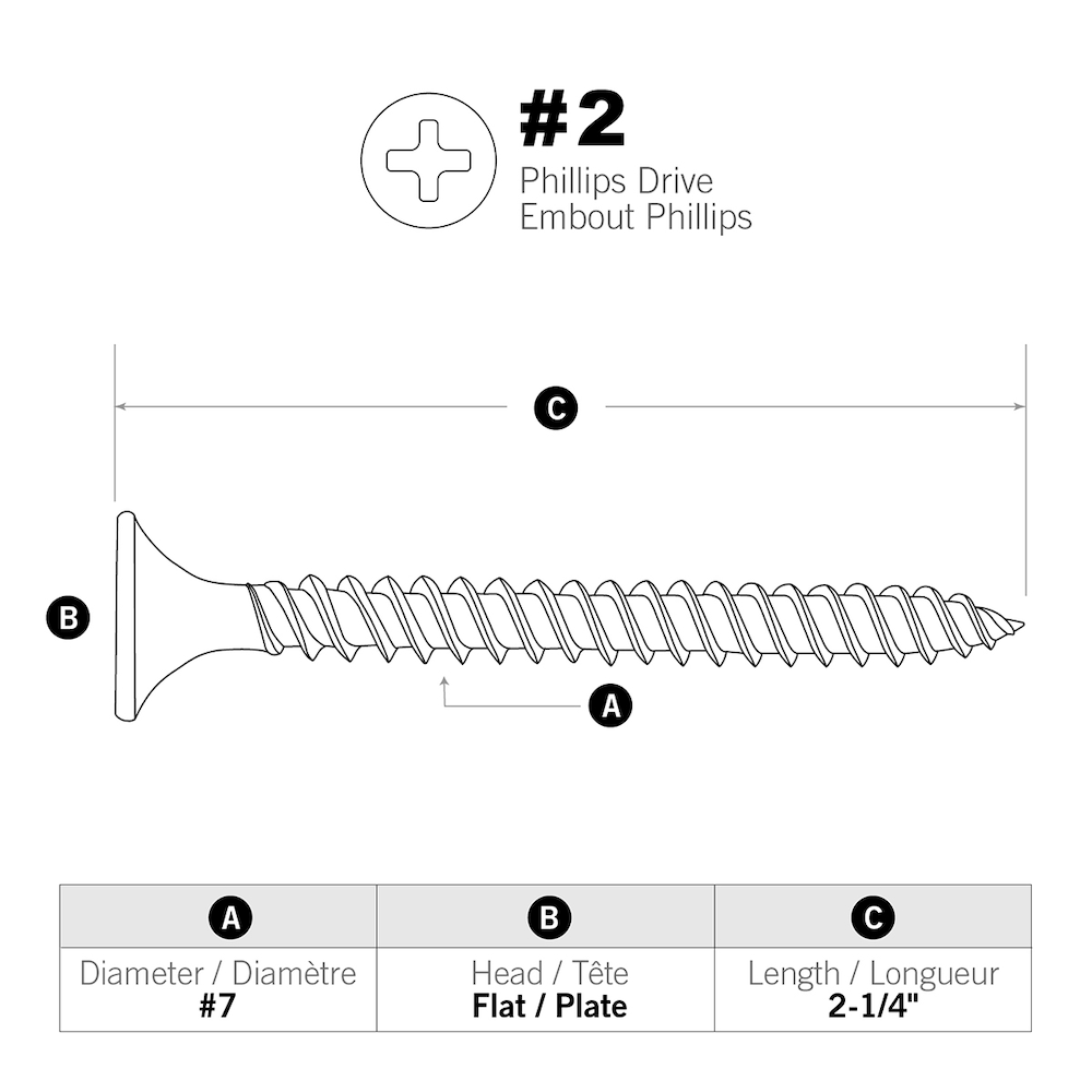 Vis à tête plate Phillips Drive n° 7 x 2-1/4 pouces pour cloisons sèches à filetage fin - 500 pièces