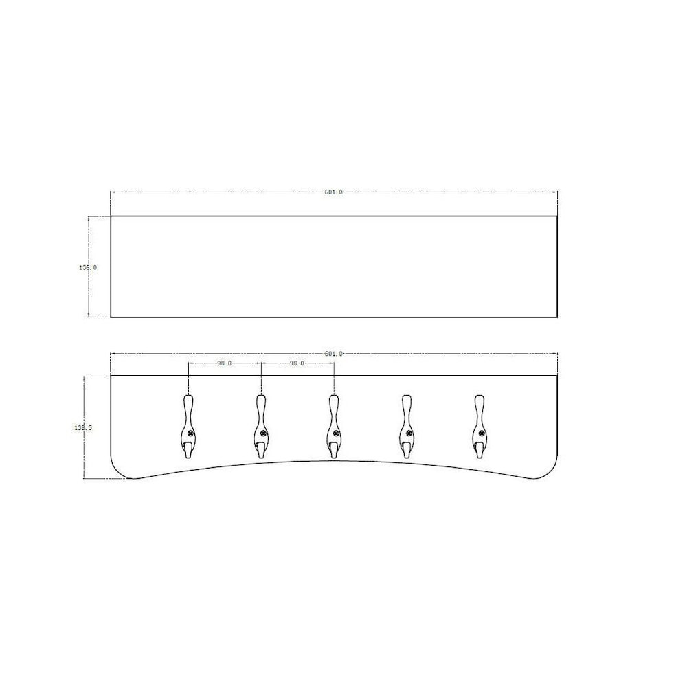 23 5/8-inch (601 mm) Utility Hook Rack with 5 Coat Hooks and Integrated Shelf, White and Matte Nickel Finish