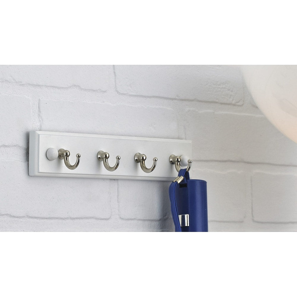 8 5/8-inch (219 mm) Utility Wood Key Rack with 4 Metal Hooks, White and Chrome Finish