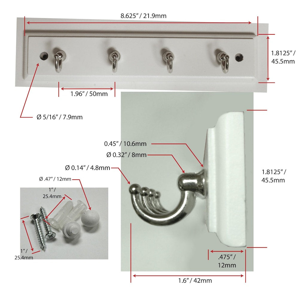 8 5/8-inch (219 mm) Utility Wood Key Rack with 4 Metal Hooks, White and Chrome Finish