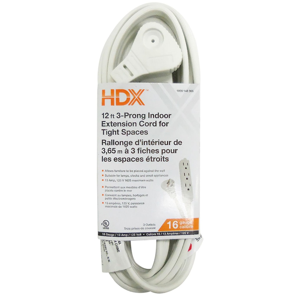 12 ft. 16 Gauge 13 Amps Indoor Light Duty 3-Prong Extension Cord for Tight Spaces, White