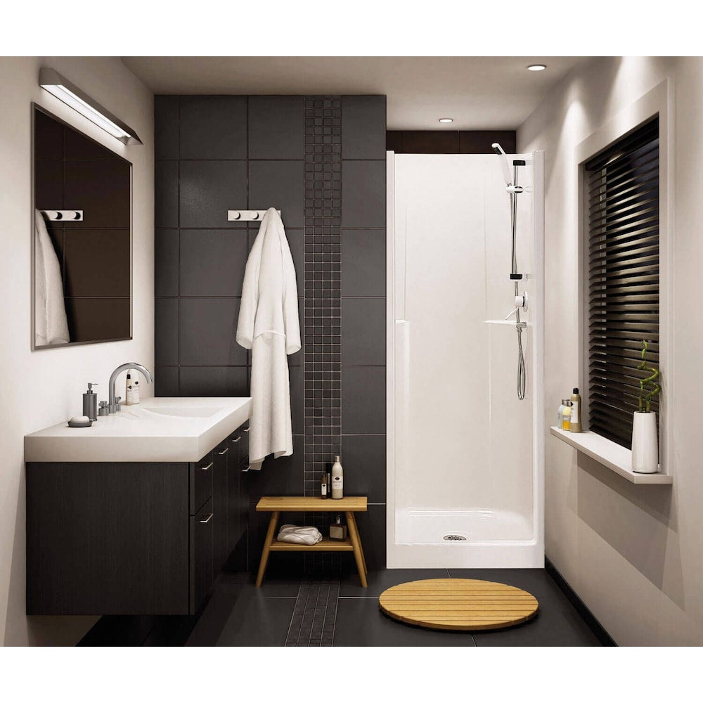 Cabine de douche/kit monobloc AcrylX Biarritz 30 po L x 32 po l x 75 po H avec base à drain central, contour mural et étagères intégrées