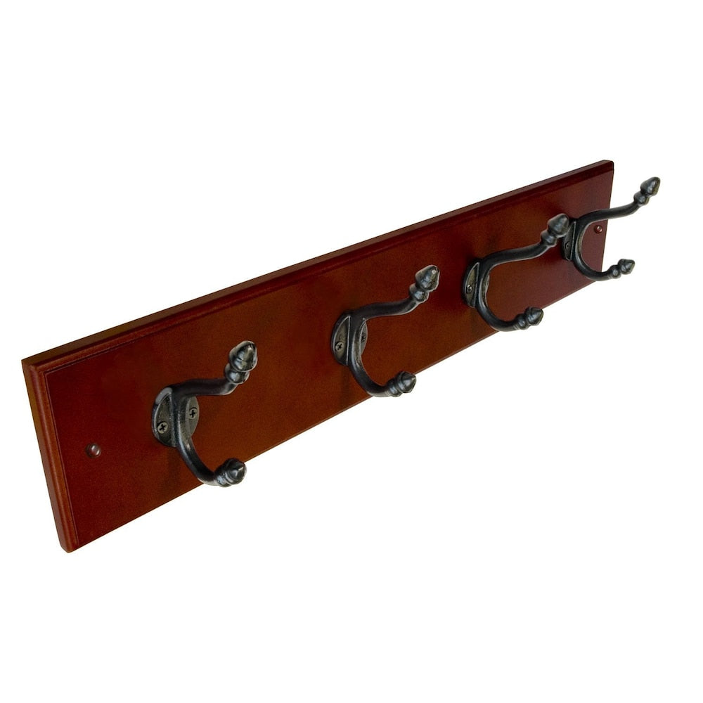 23 7/8-inch (606 mm) Classic Wood Hook Rack with 4 Metal Coat Hooks, Cherry and Matte Black Finish