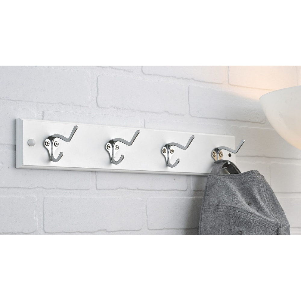 17 15/16-inch (455 mm) Utility Wood Hook Rack with 4 Metal Coat Hooks, White and Chrome Finish