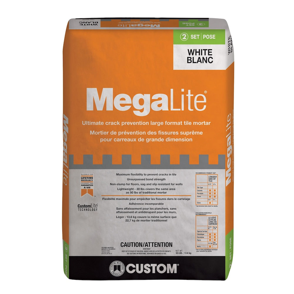 Mortier pour carrelage grand format MegaLite 30 lb. Blanc pour la prévention ultime des fissures pour les installations de planchers et de murs intérieurs/extérieurs