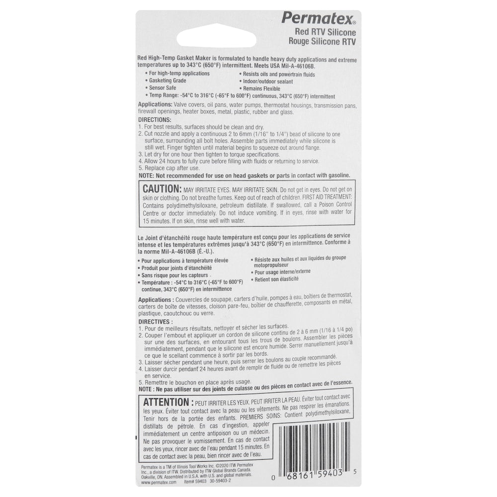Mastic adhésif RTV haute température rouge 80 ml