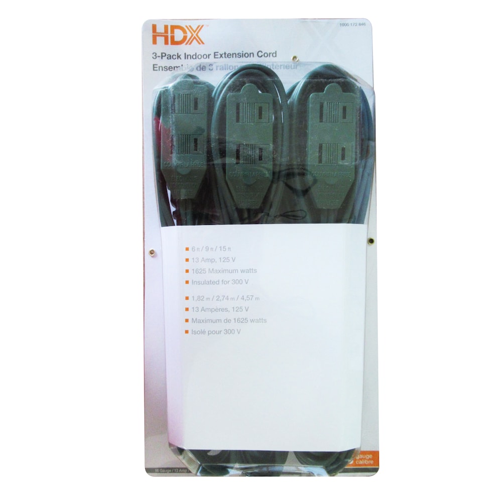 6 ft./9 ft./15 ft. Combo 16 Gauge 13 Amps Indoor Light Duty 3-Outlet Extension Cord Green (3-Pk)