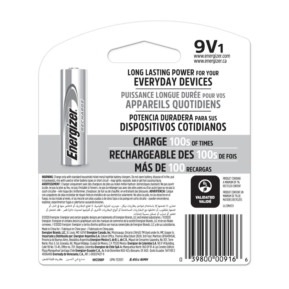 Pile rechargeable Energizer Recharge Universal 9 volts (1 paquet), pile rechargeable 9 V