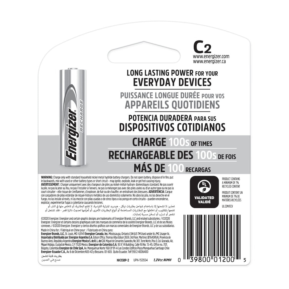 Piles rechargeables universelles Energizer Recharge C (paquet de 2), piles C