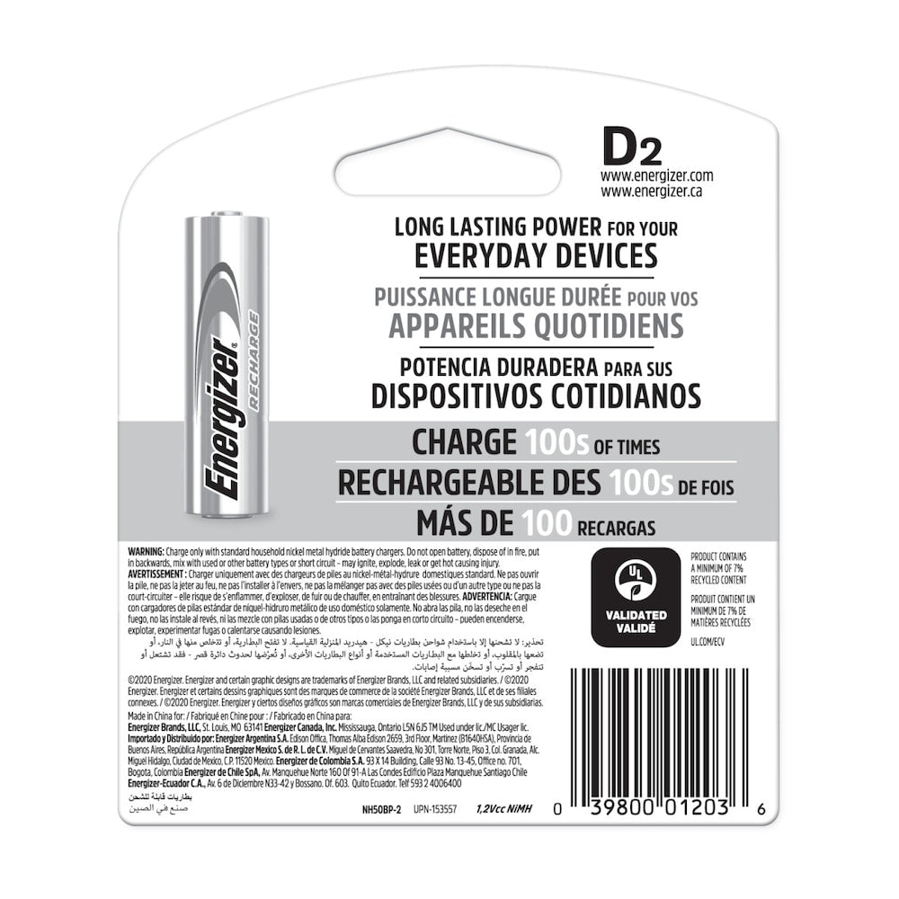 Piles rechargeables universelles Energizer Recharge D (paquet de 2), piles D