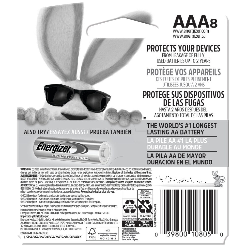 Piles AAA Energizer MAX (paquet de 8), piles alcalines triple A