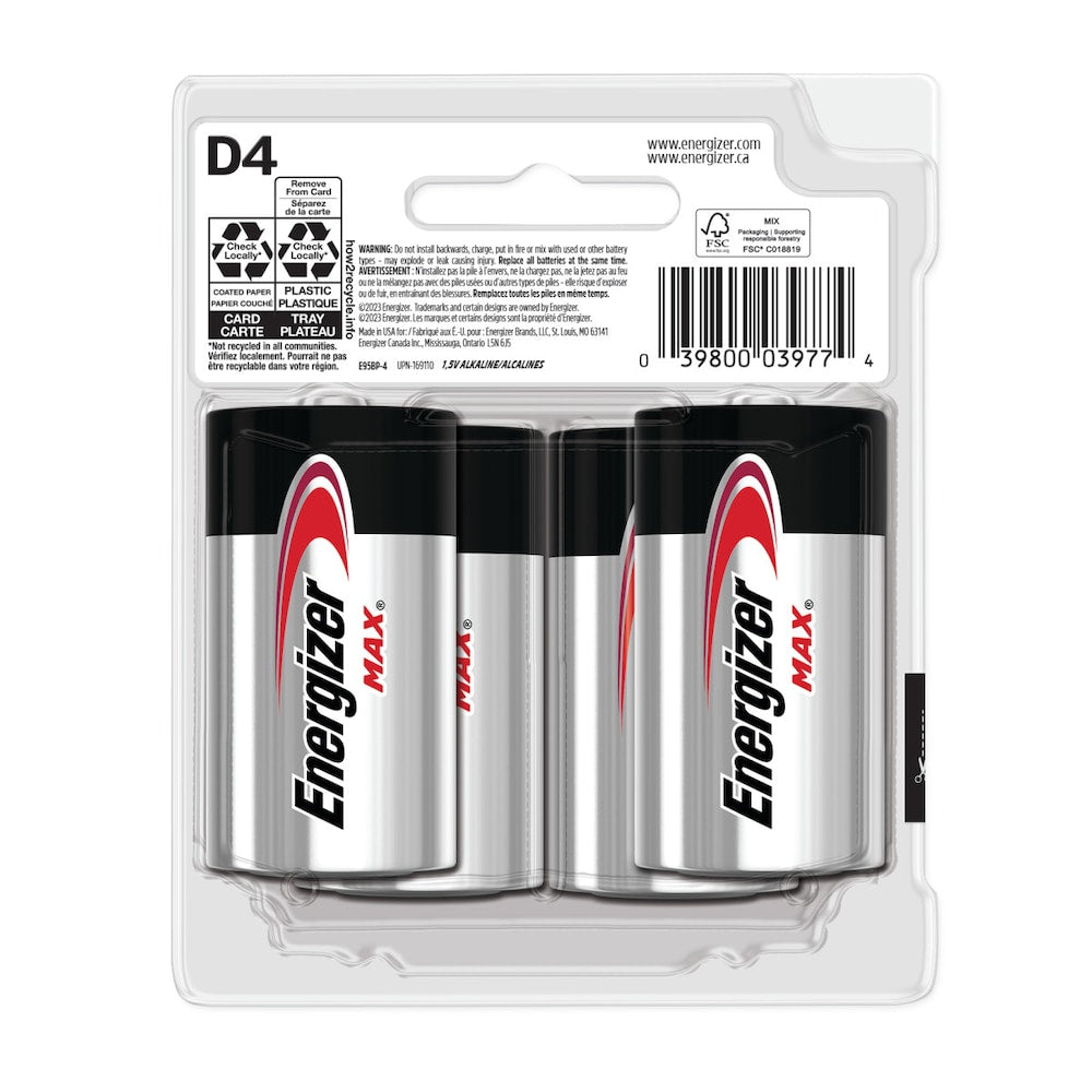 Piles Energizer MAX D (lot de 4), piles alcalines D