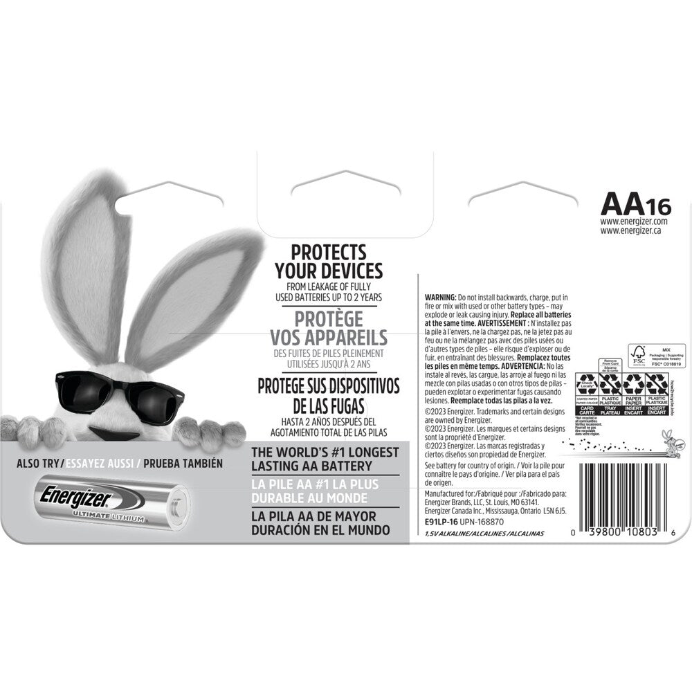 Piles Energizer MAX AA (paquet de 16), piles alcalines doubles A
