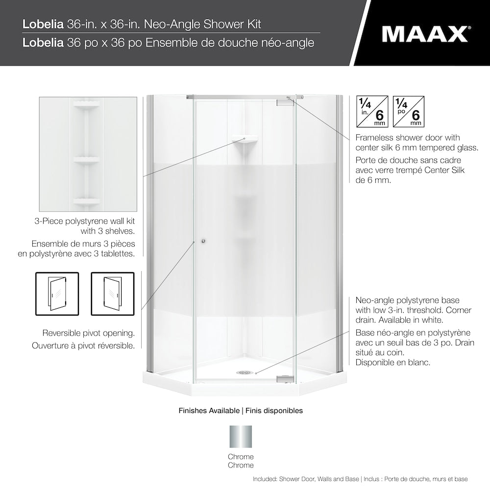 Lobelia Centre Silk 36 in. L x 36 in. W x 72 in. H Polystyrene Neo-Angle Corner Shower Kit Enclosure with Corner Drain Base, Wall Surround, Built-In Shelves & Chrome Pivot Door