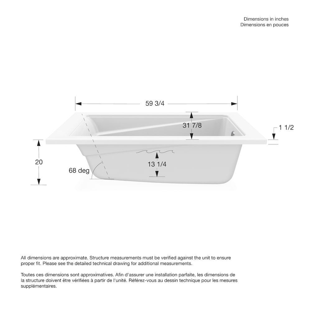 Baignoire rectangulaire en acrylique Loft 60L x 32W x 20H en blanc avec accoudoir intégré