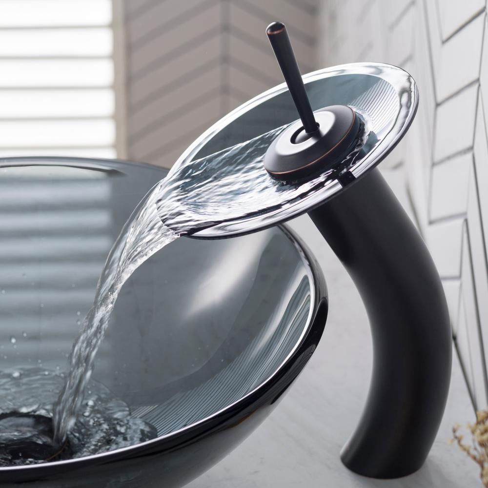 Single Hole 1-Handle Waterfall-Flow Bathroom Faucet in Bronze with Lever Handle