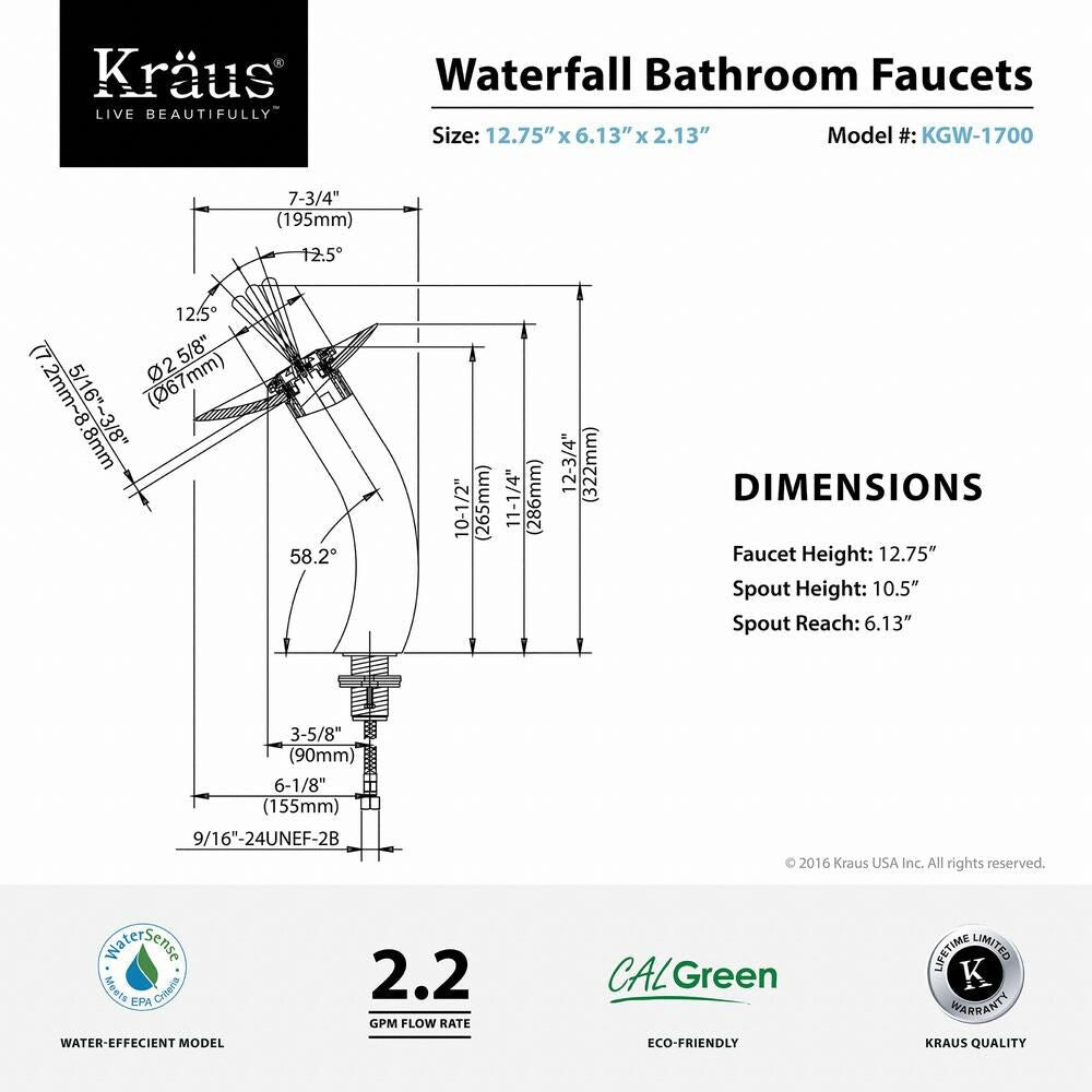 Single Hole 1-Handle Waterfall-Flow Bathroom Faucet in Chrome with Lever Handle