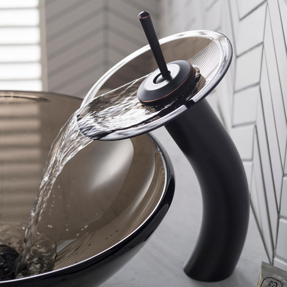 Single Hole 1-Handle Waterfall-Flow Bathroom Faucet in Bronze with Lever Handle