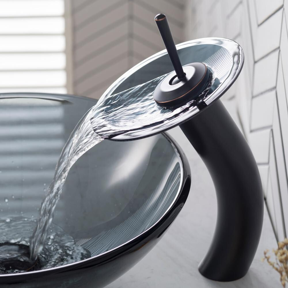 Single Hole 1-Handle Waterfall-Flow Bathroom Faucet in Bronze with Lever Handle